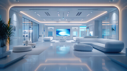 Obraz premium A near-future insurance agency showroom, spacious and modern, The interior features sleek blue and white color schemes, with wide rooms and large windows. Holographic displays and interactive.
