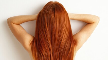 Fototapeta premium Beautiful model girl with orange hair strand,silky healthy chestnut wavy hair strand,hair wavy ribbon, with smooth,Keratin straightening,Treatment,straight long hair,procedures,Smooth hairstyle.