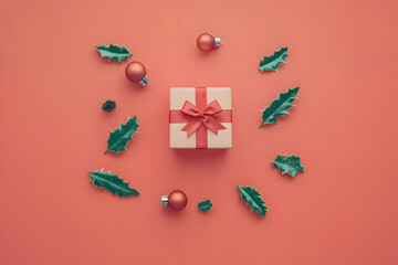 Merry Christmas and Happy Holidays greeting card, frame, banner. New Year. Noel. White and red Christmas gifts, presents, ornaments on red background top view. Winter holiday xmas theme. Flat lay.