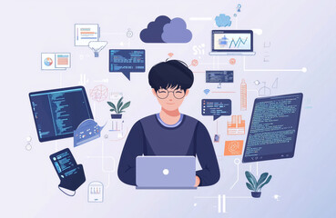 Asian IT professional working with various devices