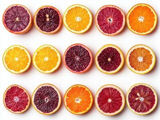 A vibrant display of sliced oranges and blood oranges showcasing their colorful interiors and textures.
