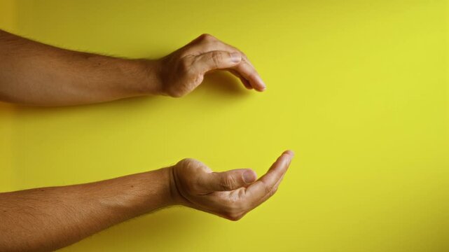 Hands preparing to hold invisible object against vivid yellow background