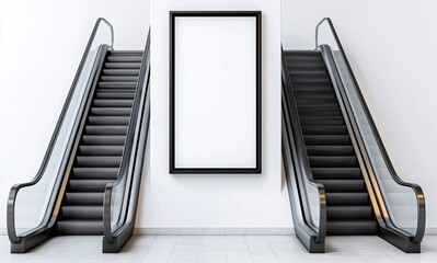 Two escalators flanking a blank vertical poster in a modern building interior. Generative ai