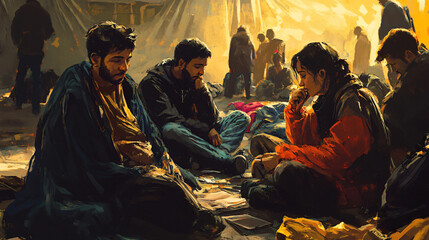 A group of refugees from different parts of the world finding shelter and support in a local community, illustrating the power of empathy and solidarity in times of crisis.