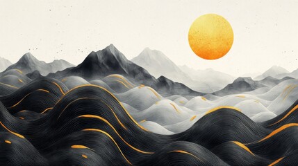 Abstract art background. Chinese style, artistic landscape painting, golden texture. Ink landscape painting. Modern art.