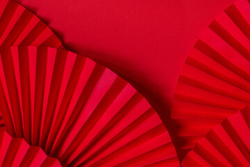 Chinese New Year 2025 .Decor pattern fan on red background. Red paper fans .Lunar New Year banner template.  Lunar New Year,chinese banner