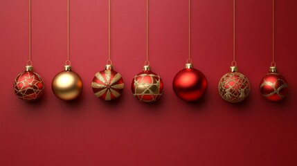 abstract cute minimalistic christmas background, Beautiful festive ornaments in gold and red hanging against a vibrant backdrop during the holiday season