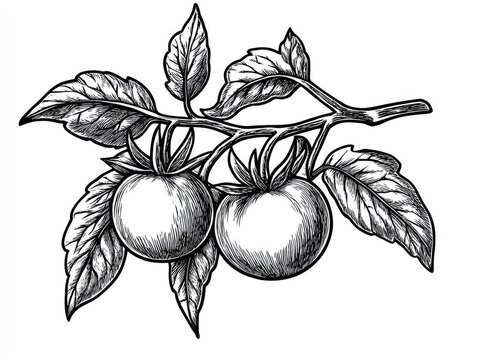 Hand drawn illustration of a tomato branch with leaves in a 2D cartoon engraving style Black and white scratchboard imitation artwork