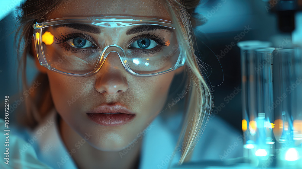 Aufkleber a scientists in a laboratory looking at a test tube, medical and scientist concept.