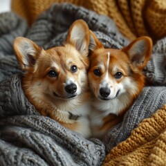 Two adorable corgis are nestled closely together under a warm, textured blanket, creating a heartwarming atmosphere on a chilly afternoon indoors.