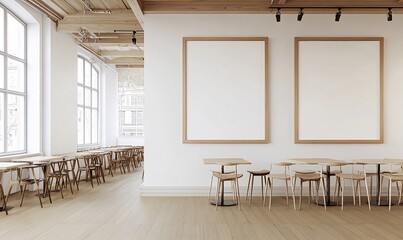 Fototapeta premium Minimalist cafe interior with large blank posters, wooden tables and chairs, and large windows. generative ai