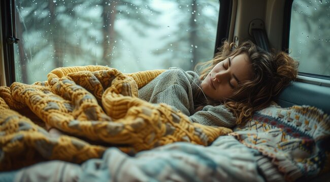 Sleeping Beauty in a Car, Rainy Day