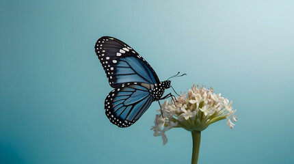 blue butterfly on flower Blue Monarch Butterfly Perched on a Gradient Cyan to White Background