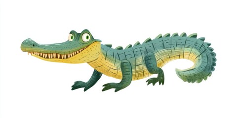 Obraz premium Charming and humorous flat style alligator or crocodile in a 2D cartoon illustration set against a white background A decorative design featuring a water creature with a long tail and large teeth