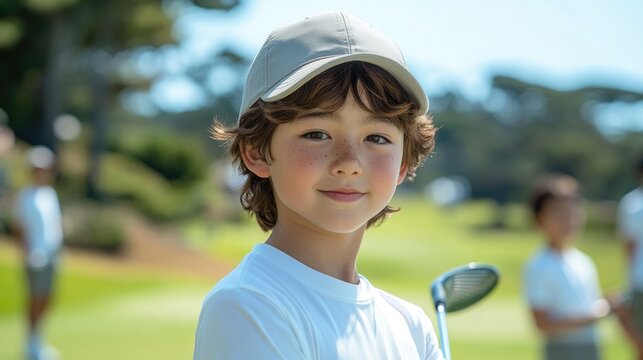 portrait of a young child playing golf, a cute little boy on a golf course, smiling, ideal for sports, leisure, and family-themed designs.