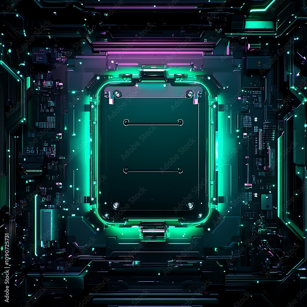 Poster futuristic digital circuit board with neon lighting and complex patterns creating a high-tech visual