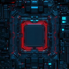Fototapeta premium Futuristic Digital Circuit Board with Red and Blue Accents, High-Tech Background Ideal for Science, Technology, and Innovation Themes in Contemporary Design Projects