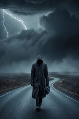 Obraz premium Solitary Figure Walking Down a Winding Road in a Stormy Landscape.
