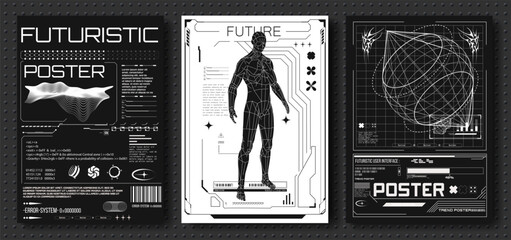 Futuristic Graphic Posters with Abstract Designs.  Set of retro futuristic banner or print with wireframe elements and digital human figure, typography in trendy retro 2000s style. Vector illustration © ZinetroN