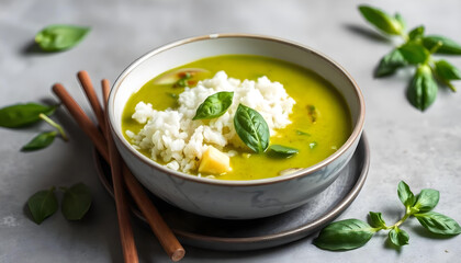 Thai green curry with jasmine rice and fresh basil