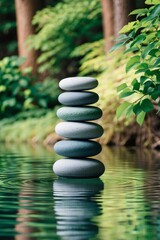 Obraz premium Four smooth stones stacked in serene water surrounded by lush greenery in a tranquil setting.