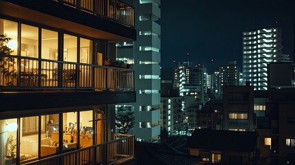 Obraz premium Night View of Cityscape with Illuminated Windows
