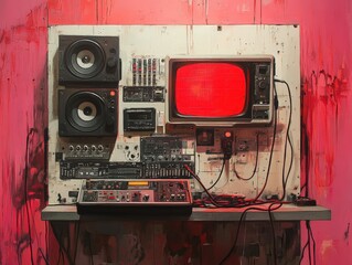 A vintage wall setup featuring retro audio equipment and a glowing red television, ideal for artistic and nostalgic projects.