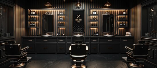 Modern Barbershop Interior with Black and Gold Design