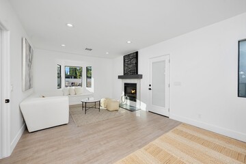 Modern minimalist living room with fireplace.