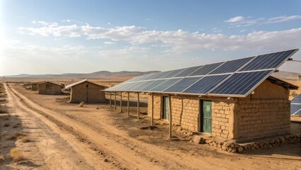 Solar panels arranged in neat rows beside simple earthen structures in a dry landscape.