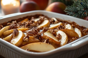 A delectable baked dessert featuring sliced apples and pecans, perfect for festive gatherings and cozy autumn evenings.