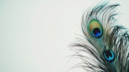 Obraz premium Peacock Feather Showcasing Vibrant Iridescent Colors with Striking Eye Patterns Against a Minimalist White Background