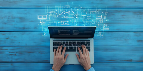 Man typing on laptop, cloud service hologram and devices sync, trends, Ai