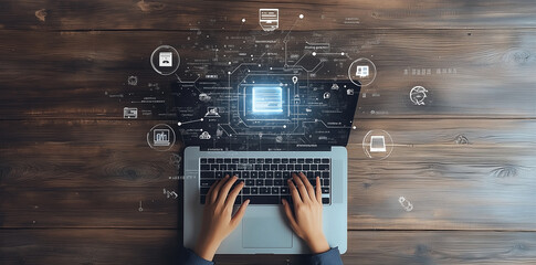 Man typing on laptop, cloud service hologram and devices sync, trends, Ai