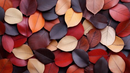 A colorful collage of autumn leaves in rich hues of red, orange, and yellow creates a vibrant depiction of fall's beauty and seasonal transition.