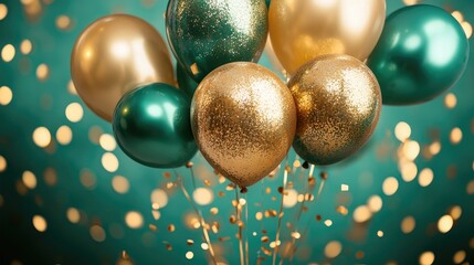 Golden and green balloons with confetti in a vibrant backdrop, perfect for celebrations and customizable text areas, creating a festive atmosphere.