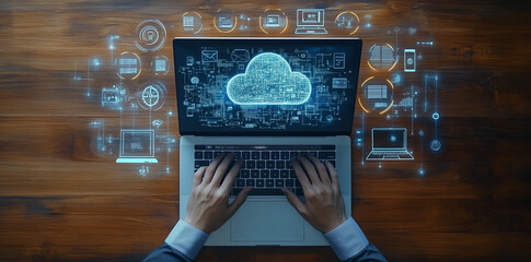 Man typing on laptop, cloud service hologram and devices sync, trends, Ai