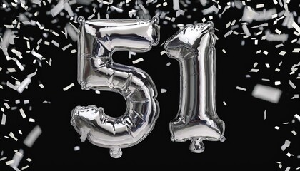 Obraz premium Silver birthday / anniversary balloon, number 51, black background with confetti