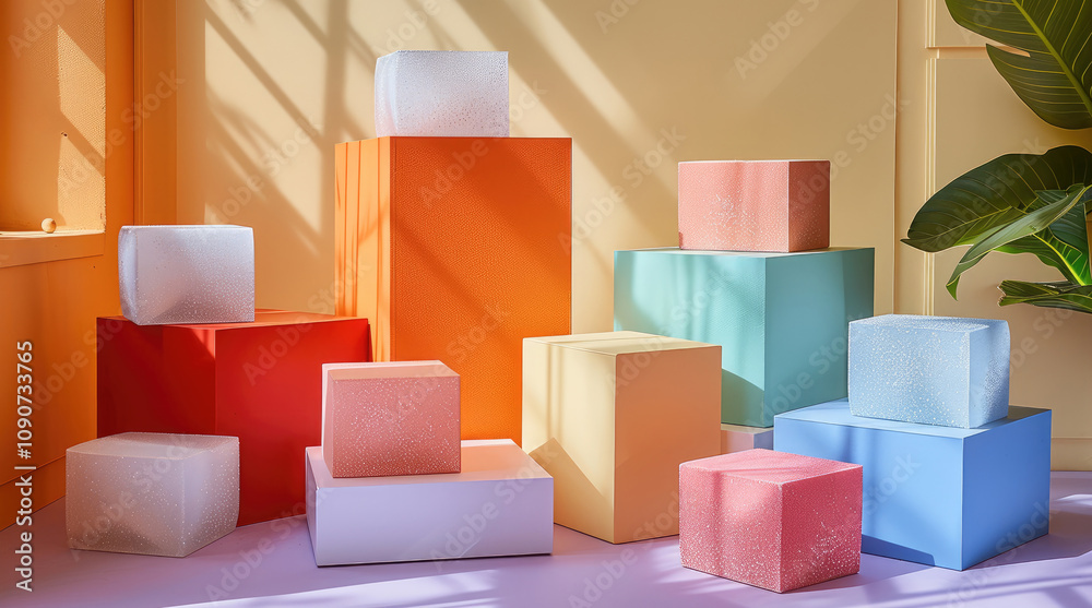 Poster modern mockup on a light pastel background, with at least 5-10 blank rectangular boxes arranged acro