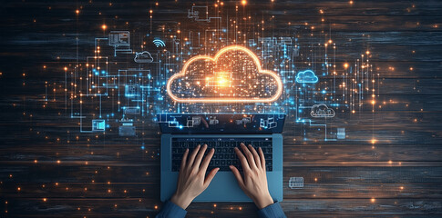 Man typing on laptop, cloud service hologram and devices sync, trends, Ai