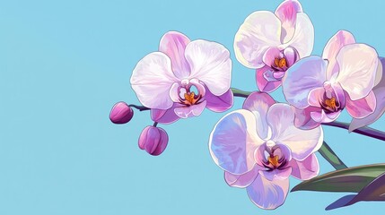 Naklejka premium Orchid blossoms against a vibrant blue backdrop illustrated in a colorful 2D cartoon style