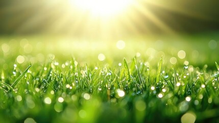 Obraz premium Dewy grass glistening in sunlight with vibrant green hues and soft bokeh, showcasing the beauty and purity of nature.