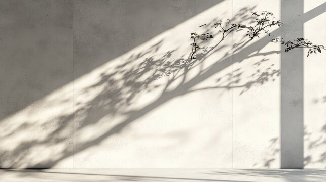 Textured light concrete wall with dramatic tree shadow creating abstract patterns, providing a versatile backdrop for text and design elements in a vertical composition.