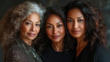 Fototapeta premium Portrait of three generations of women showcasing a strong family bond, featuring a grandmother, mother, and granddaughter with beautiful, diverse hairstyles.