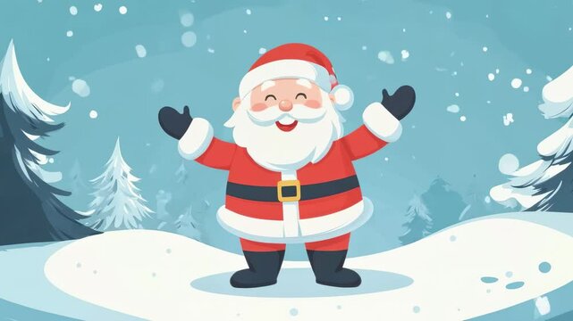 A cute, happy, smiling Santa Claus standing on the snow with his hands raised.	
