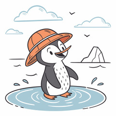Fototapeta premium Cartoon Penguin Wearing Orange Hat Standing in Water