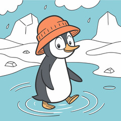 Cartoon Penguin Wearing Orange Hat Standing in Water