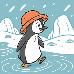 Fototapeta premium Cartoon Penguin Wearing Orange Hat Standing in Water