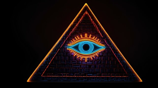 Neon glowing all-seeing eye and pyramid isolated against a black background.. Associated to Tyranny, Digital Footprint, Surveillance State, Data Mining, Social Media, Identity Theft, Manipulation