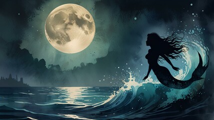 pretty mermaid silhouette back lit by a full moon. Jumping out of the water ocean sea. Watercolor illustration on a canvas texture. Misty fogy fantasy ocean scene. Long hair blowing in the wind.